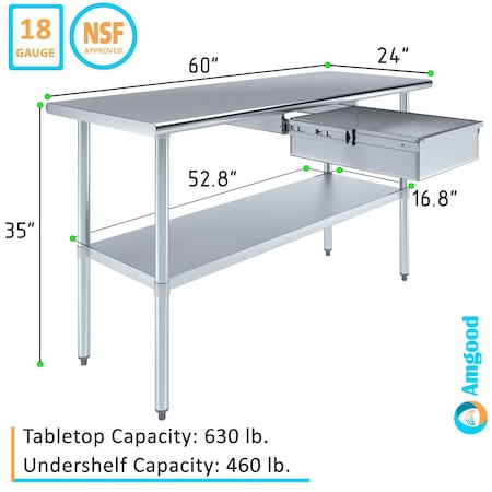 Amgood 30 in. x 96 in. Stainless Steel Table With Drawer AMG WT-3096 + DRAWER-1520-Z