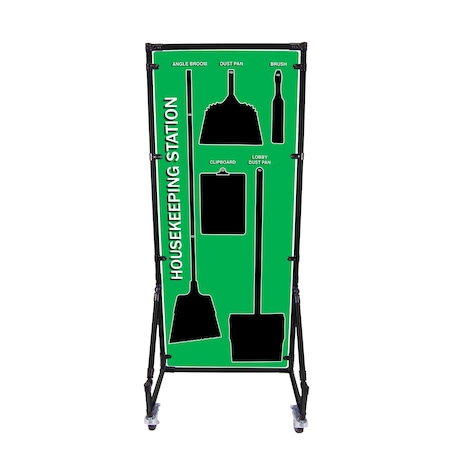 5S Supplies Housekeeping Shadow Board Broom Station V12, Green, Kit + Stand HSB-V12-GREEN-KIT-STAND
