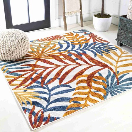 Jonathan Y Tropics Palm Leaves Cream/Orange 5 ft Square Indoor/Outdoor Area Rug AMC100B-5SQ