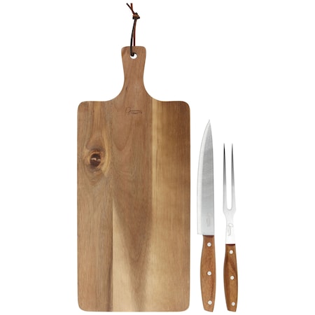 Gibson Elite 3 Piece Acacia Wood Serving Board with Carving Knife and Fork in Brown 143828.03