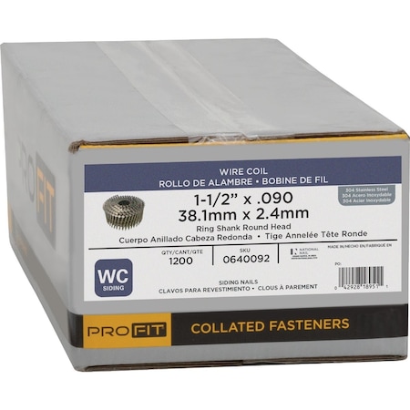 Pro-Fit 1-1/2'' x 0.090'' 15 Degree Wire Weld 304-Stainless Steel Coil Siding Nail, 1200 Ct. 640092