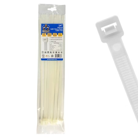Grizzly Supply Cable Tie, 14 in L, 120 lb Strength, 4.0 in Max Bundle Dia, Nylon 6/6, Natural, 15PK GS-LHD14-120-9N