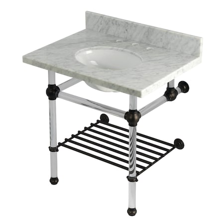 Kingston Brass 30-Inch Carrara Marble Console Sink with Acrylic Legs and Shelf, 8-Inch, 3-Hole KVPB3030MAB5