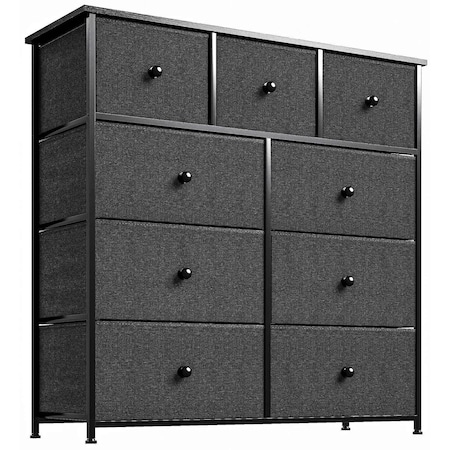 Homeroots 39" Black And Gray Fabric Bin and Steel Nine Drawer Dresser 438315
