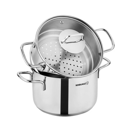 Korkmaz Perla 3 Piece 3.5 Liter Stainless Steel Casserole Steamer with Lid in Silver A1521