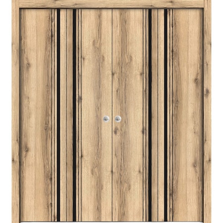 Sartodoors Sliding Closet Double Bi-fold Doors, Planum 0011 Oak and Aluminum Strips, Sturdy Tracks Moldings Tr PLANUM0011DBF-DUB-96 x 96 (4* 24x96)