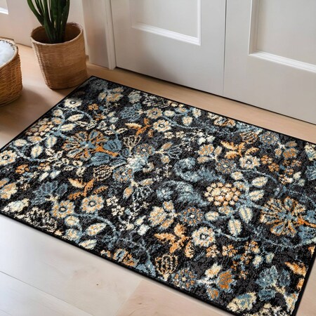 World Rug Gallery Symmetrical Floral Area Rug 2 ft x 3 ft Black WR146BLACK2X3