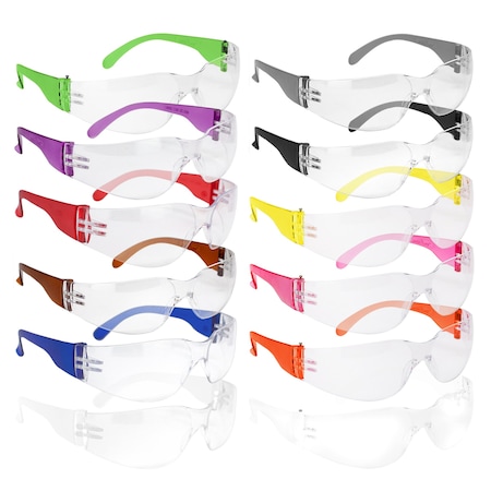 Bison Life Safety Glasses, Anti-Scratch, Clear Lens Assorted Color Temple Lens, Frameless, 12 PK BLSH-ESCR-CLLCT-SGA-12