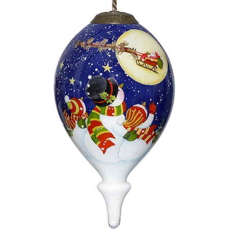 Homeroots Snowmen Family Watching Santa on a Sleigh Hand Painted Mouth Blown Glass Ornament 477524