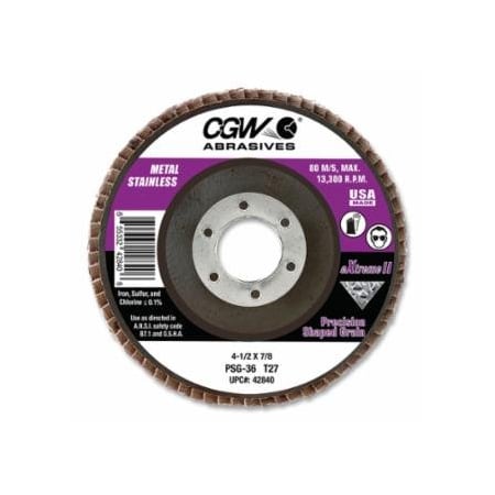 Cgw Abrasives PSG eXtreme II Flap Disc, 4-1/2 in dia, 40 Grit, 7/8 arbor, 13300 RPM, Type 27, 10PK 421-42861
