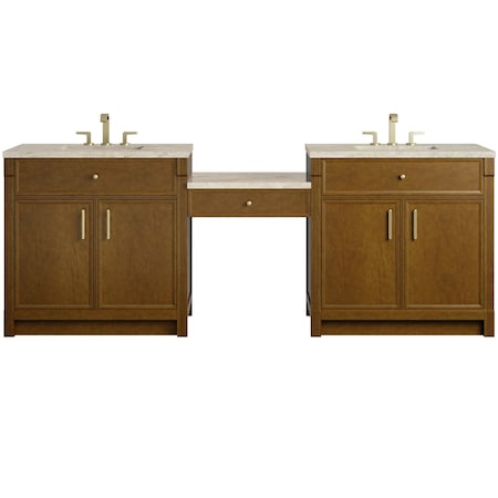 James Martin Vanities Bellshire 96" Dual Vanity Set with 24" Make-Up Counter, Honey Oak w/3 cm Tajnar Eclos Top 660-VMC96-HNO-3TJR