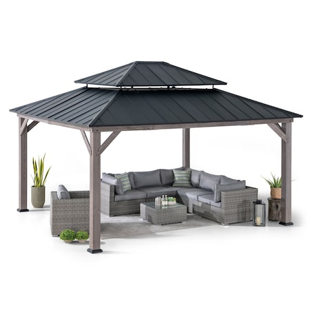 Sunjoy Archwood 13 ft. x 15 ft. Cedar Framed Gazebo with Black Steel 2-tier Hip Roof Hard Top A102007771