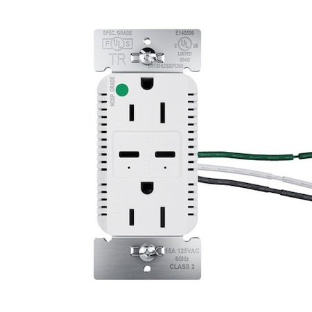 Legrand USB Receptacle, 15 A, White, Nylon TR15HUSBPD65W