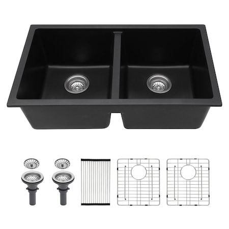 Wrightmaster 33 in. Undermount 50/50 Double Bowl Granite Composite Kitchen Sink with Accessories ZOR-P197759