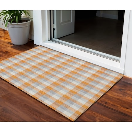 Homeroots 3' X 5' Orange Gray And Beige Plaid Washable Indoor Outdoor Area Rug 601416