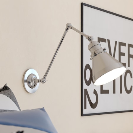 Vaxcel Alexis 6 in W Satin Nickel and Matte White Adjustable Swing Arm Wall Lamp with Metal Shade W0399