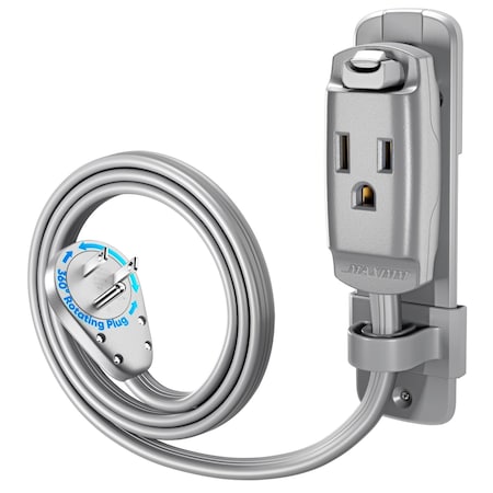 Maximm 4ft 14AWG Heavy Duty AC Extension Cord, 360 degrees Flat Plug, Gray ADW-S360-C6F04-14G0-WM