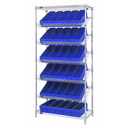 Quantum Storage Systems WIRE SHELVING UNIT W/30 BLUE BINS WRS-7-602BL
