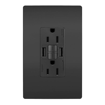 Legrand USB Receptacle, 15 A, Black, Nylon 1597TRUSBAABK
