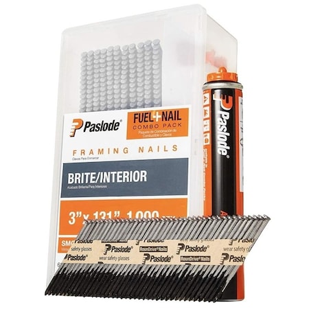 Paslode Framing Fuel and Nail Combo Pack, 3 in L, Low Carbon Steel, Bright, Round Head, Smooth Shank, 1000/CT 650525