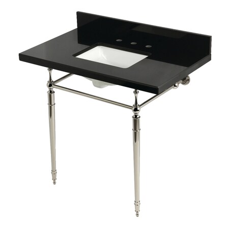 Kingston Brass 36" Black Granite Console Sink with Brass Legs, 8-Inch, 3-Hole, Black Granite/Polished Nickel KVPK3622K8SQ6