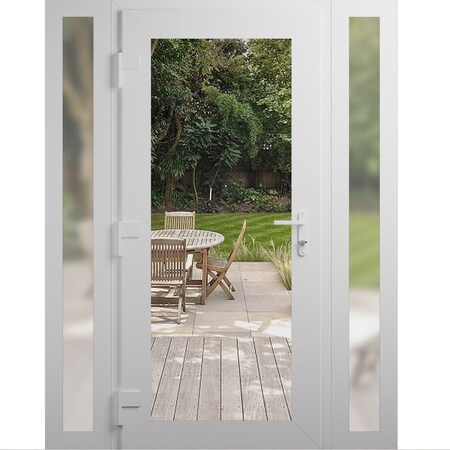Vdomdoors Front Exterior Prehung Metal-Plastic Door Clear Glass / MANUX 8666 White Silk / Office Commercial a MANUX8666EXD-WS-W14+36+14xH80-RH-I