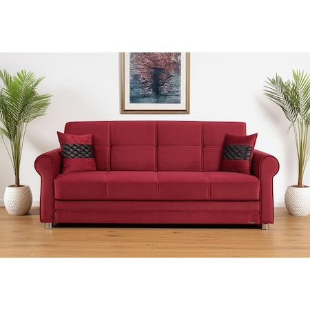 Homeroots 89" Burgundy Microfiber Convertible Futon Sleeper Sofa And Toss Pillows With Storage 607156