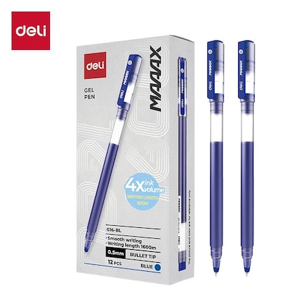 Deli MAX Gel Pen 0.5mm, Blue Ink, Capped, 1600m, 12PK EG16-BL