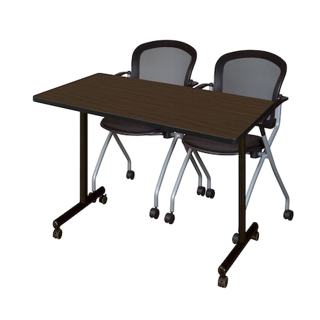 Regency Kobe Mobile T-Base Training Table W/ 2 Stack Chairs, 48 in W, 24 in L, Neo Walnut MKTRCC4824NW23BK