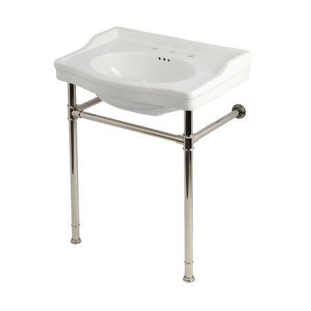 Kingston Brass 30" Ceramic Console Sink with Stainless Steel Legs, 8-Inch, 3-Hole, White/Polished Nickel KVPB30229W386