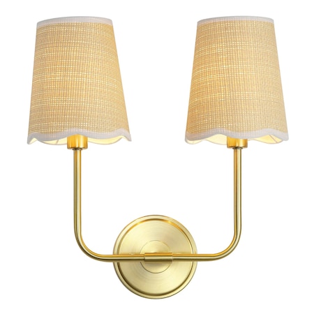 Jonathan Y Lila 15" 2-Light Traditional Coastal Scalloped Fabric Shade/Metal LED Vanity Light, Brass Gold/Brown JYL1608A