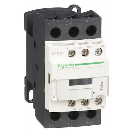 Square D IEC contactor, TeSys Deca, nonreversing, 25A, 15HP at 480VAC, up to 100kA SCCR, 3 phase, 3 NO, 240V LC1D25U7