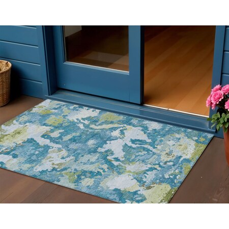 Homeroots 3' X 5' Denim Blue And Olive Green Abstract Washable Indoor Outdoor Area Rug 609594
