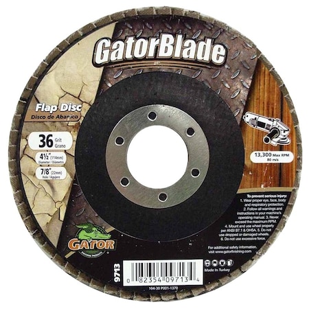 Gatorblade Flap Disc, 412 in Dia, 78 in Arbor, 36 Grit, Zirconium Oxide Abrasive 9713