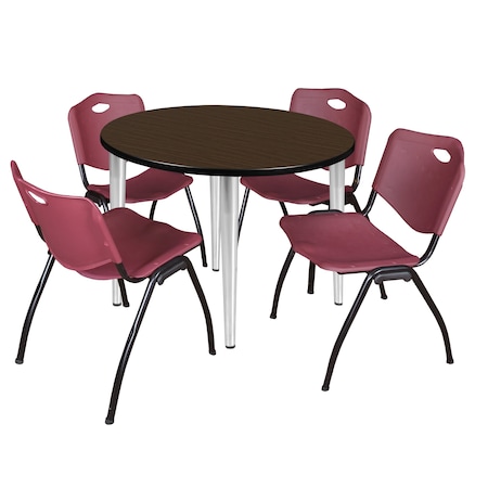Regency Round Kahlo Breakroom Table W/ 4 M Stack Chairs, 36 in W, 36 in L, Neo Walnut TPL36RNDNWCM47BY