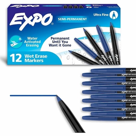 Expo Vis-a-Vis Wet Erase Markers, Ultra Fine Point, Blue, 12PK 16003A