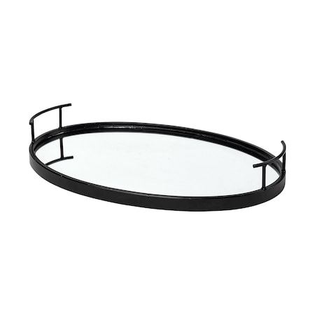 Homeroots Matte Black Metal With Two Handle Both Sides And Mirrored Glass Bottom Tray 376055