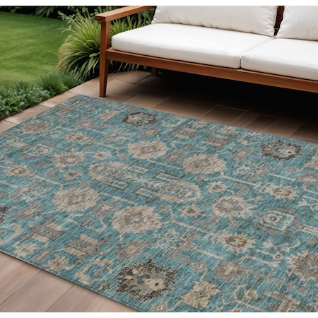 Homeroots 9' X 12' Teal Blue Aqua And Beige Oriental Washable Indoor Outdoor Area Rug 582138