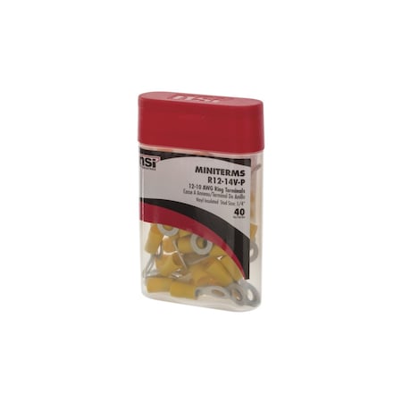 Polaris Ring Terminal, 1/4 in Stud Size, 10 AWG, 300 V, Vinyl Insulated, Yellow, 40 PK R12-14V-P