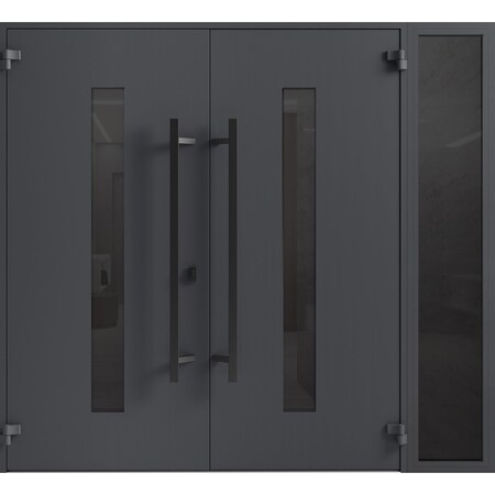 Vdomdoors Front Exterior Prehung Aluminum Double Doors Ronex0130 Grey 1 Sidelight Mirrored Clear Glass Entry RONEX0130DEXD-GRE-W72+14xH80-LH-I