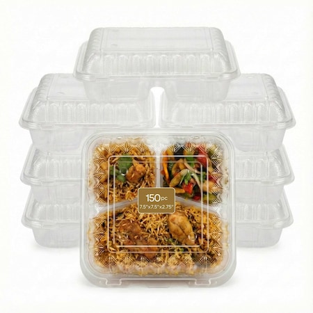 Eco Harmony Products Food Storage Container, Hinged, Vented Lid, Plastic, Translucent, 3 compartments, 7.5" x 7.5", 150PK 804624