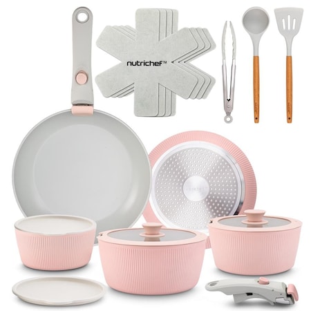 Nutrichef 18-Piece Ceramic Cookware Set with Detachable Handles, Non Stick Pots and Pans, PTFE-Free Natural NCCS18DTHPK