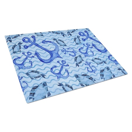 Carolines Treasures Beach Watercolor Anchors and Fish Glass Cutting Board, Large BB7534LCB