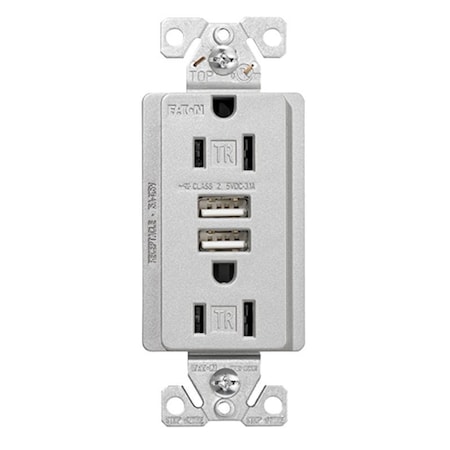 Arrow Hart TR7755SGKL Combination USB Receptacle, 2 Pole, 31 A USB, 15 A Receptacle, 2 USB Port TR7765SG-KB-L