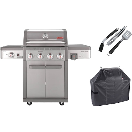 Coleman Revolution Grilling Kit with 4-Burner Propane Gas BBQ Grill, Heavy-Duty Cover, and 3-Piece Tool Set RV-401BBQ-3-KIT