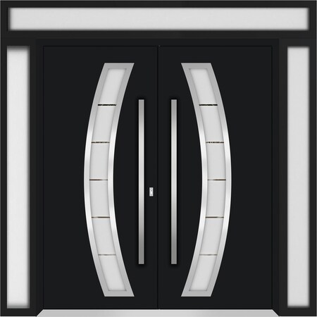 Vdomdoors Metal Double Doors Deux 6500 Black Enamel Frosted Glass 2 Sidelights and Top Transom Entry Modern P DEUX6500DEXD-BLK-W12+72+12xH80+14-LH-O