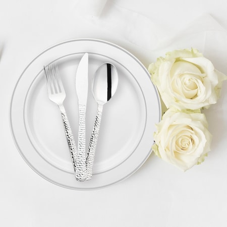 Smarty Had A Party Shiny Metallic Silver Hammered Plastic Cutlery Set - Spoons, Forks and Knives (1000 Guests), 3000PK 2649CS-CASE