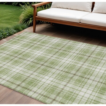 Homeroots 9' X 12' Artichoke Green Brown And Ivory Plaid Washable Indoor Outdoor Area Rug 597073