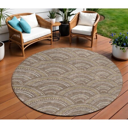 Homeroots 8' Brown Beige And Taupe Round Geometric Washable Indoor Outdoor Area Rug 615190
