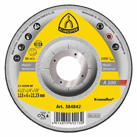 Klingspor A100 Grinding Disc 4-1/2 in x 1/4 in x 7/8 T27, 10PK A1001156.022D